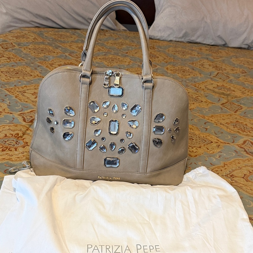 Patrizia Pepe Taupe Satchel with Crystal Embellishments